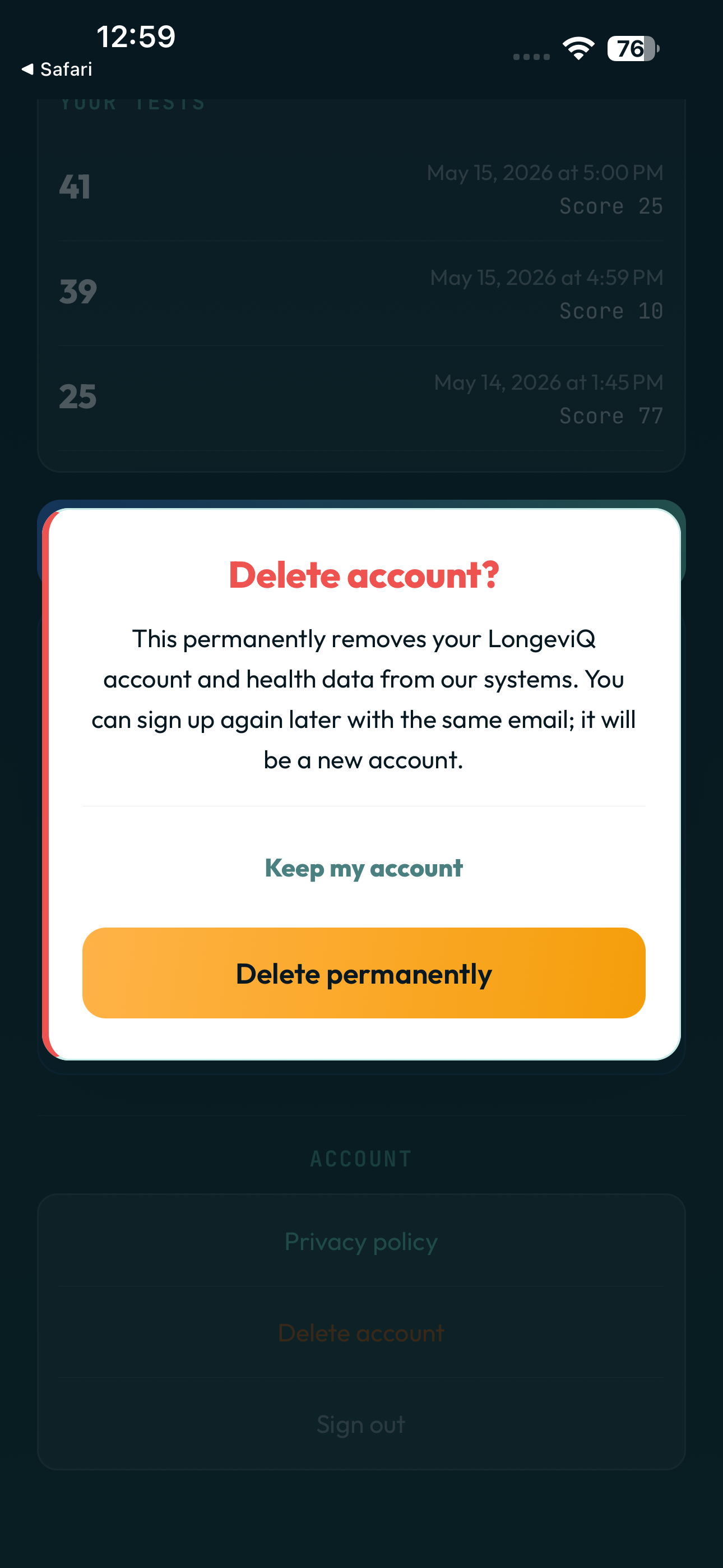 Delete account confirmation dialog